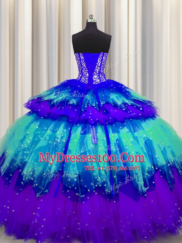 Bling-bling Visible Boning Sleeveless Lace Up Floor Length Beading and Ruffles and Ruffled Layers and Sequins Quinceanera Gowns