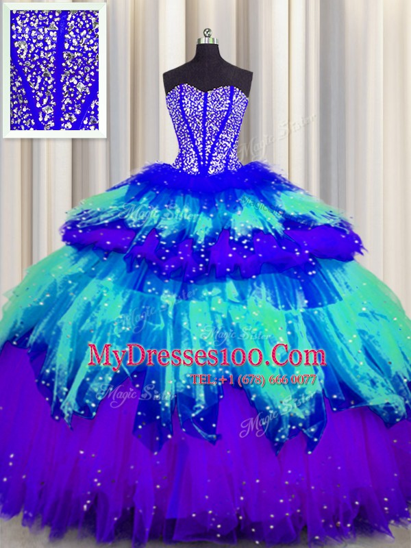 Bling-bling Visible Boning Sleeveless Lace Up Floor Length Beading and Ruffles and Ruffled Layers and Sequins Quinceanera Gowns