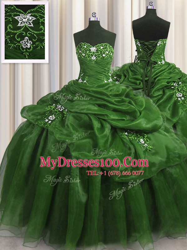 Graceful Green Organza Lace Up Sweetheart Sleeveless Floor Length Sweet 16 Dresses Beading and Appliques and Pick Ups