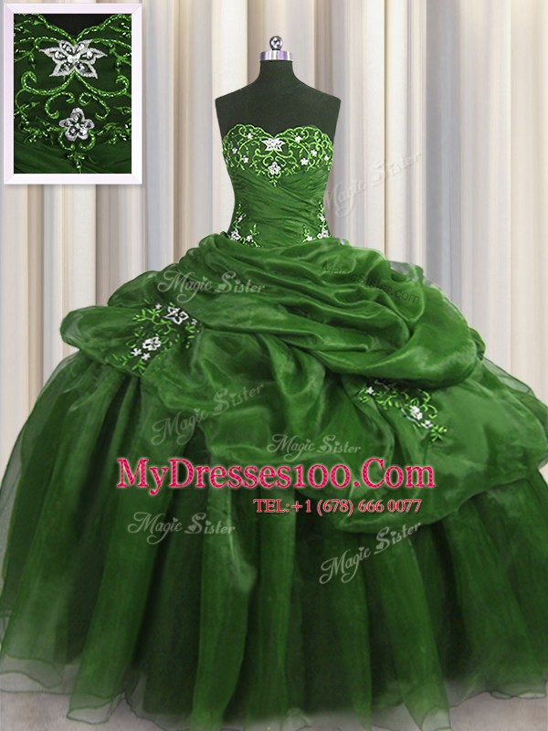 Graceful Green Organza Lace Up Sweetheart Sleeveless Floor Length Sweet 16 Dresses Beading and Appliques and Pick Ups