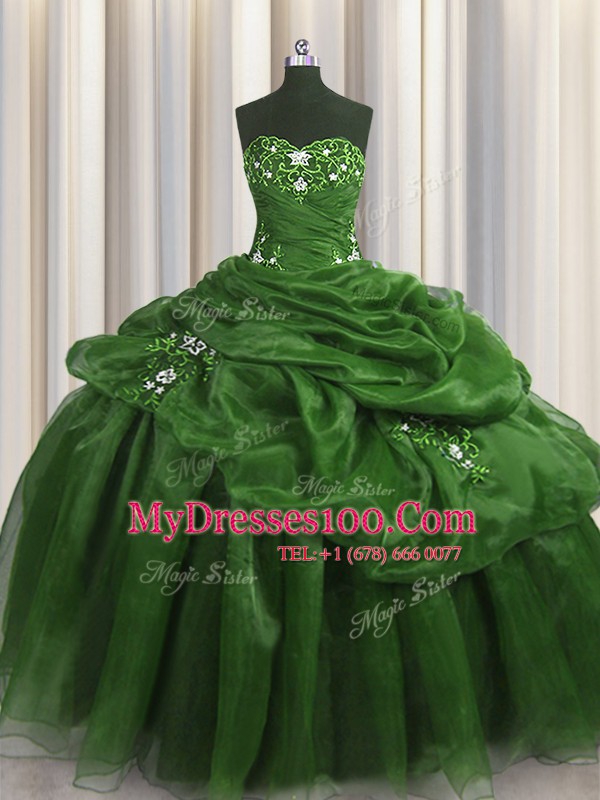Graceful Green Organza Lace Up Sweetheart Sleeveless Floor Length Sweet 16 Dresses Beading and Appliques and Pick Ups