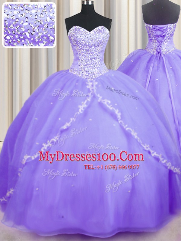 Elegant With Train Lace Up Quinceanera Dresses Lavender for Military Ball and Sweet 16 and Quinceanera with Beading and Appliques Brush Train