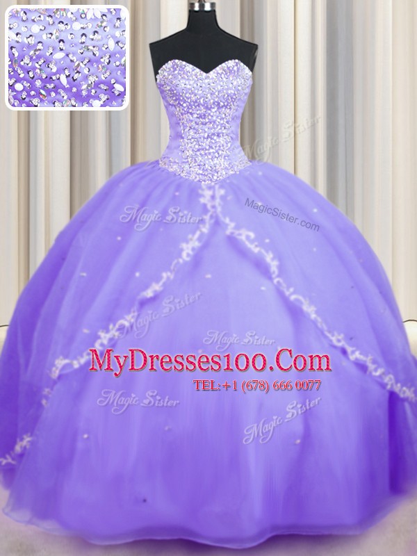 Elegant With Train Lace Up Quinceanera Dresses Lavender for Military Ball and Sweet 16 and Quinceanera with Beading and Appliques Brush Train