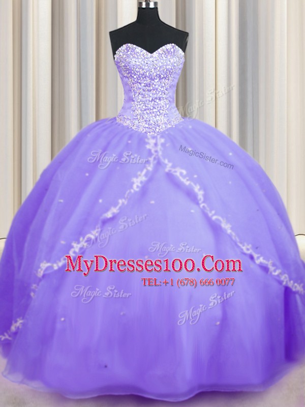 Elegant With Train Lace Up Quinceanera Dresses Lavender for Military Ball and Sweet 16 and Quinceanera with Beading and Appliques Brush Train