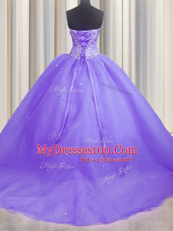 Elegant With Train Lace Up Quinceanera Dresses Lavender for Military Ball and Sweet 16 and Quinceanera with Beading and Appliques Brush Train