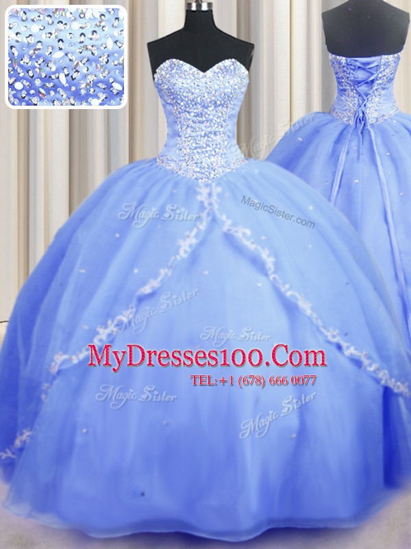 Brush Train Baby Blue Ball Gowns Beading and Appliques Quinceanera Dress Lace Up Organza Sleeveless With Train