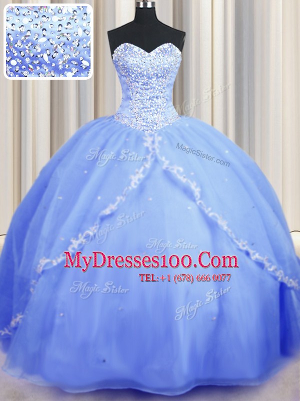Brush Train Baby Blue Ball Gowns Beading and Appliques Quinceanera Dress Lace Up Organza Sleeveless With Train