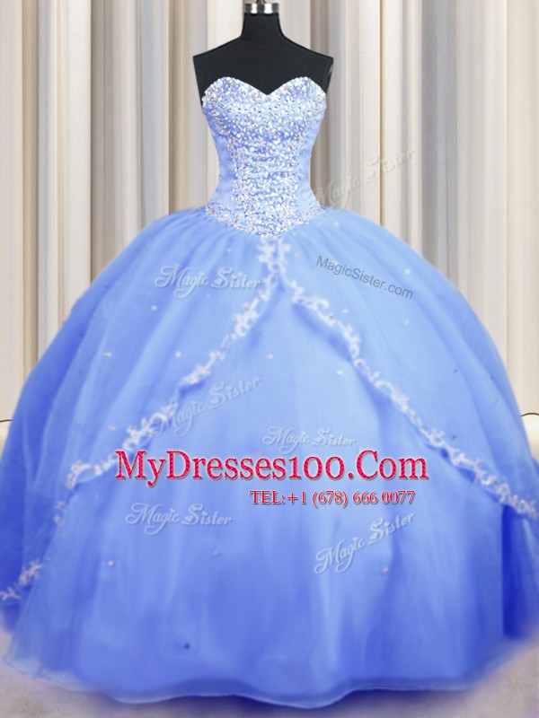 Brush Train Baby Blue Ball Gowns Beading and Appliques Quinceanera Dress Lace Up Organza Sleeveless With Train