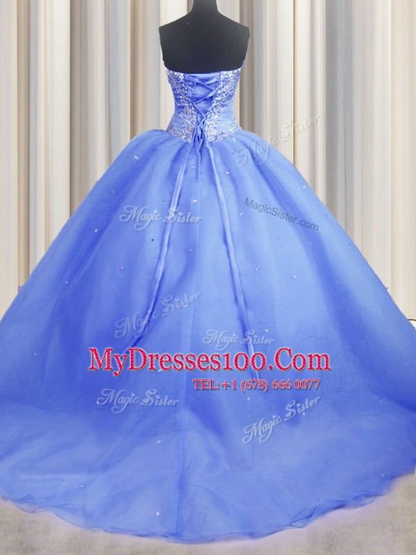 Brush Train Baby Blue Ball Gowns Beading and Appliques Quinceanera Dress Lace Up Organza Sleeveless With Train