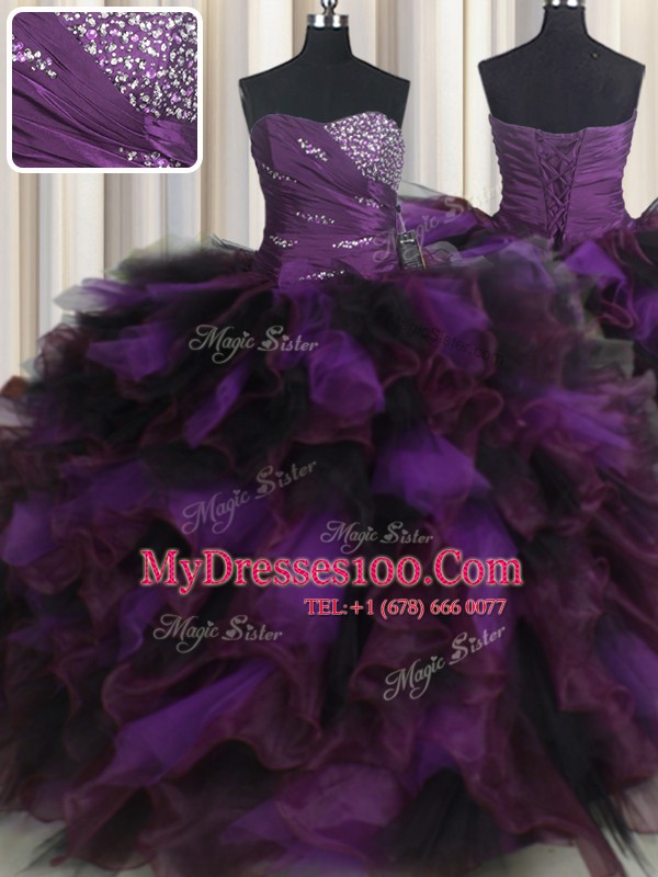 New Style Organza and Tulle Sweetheart Sleeveless Lace Up Beading and Ruffles and Ruffled Layers Quinceanera Dress in Purple
