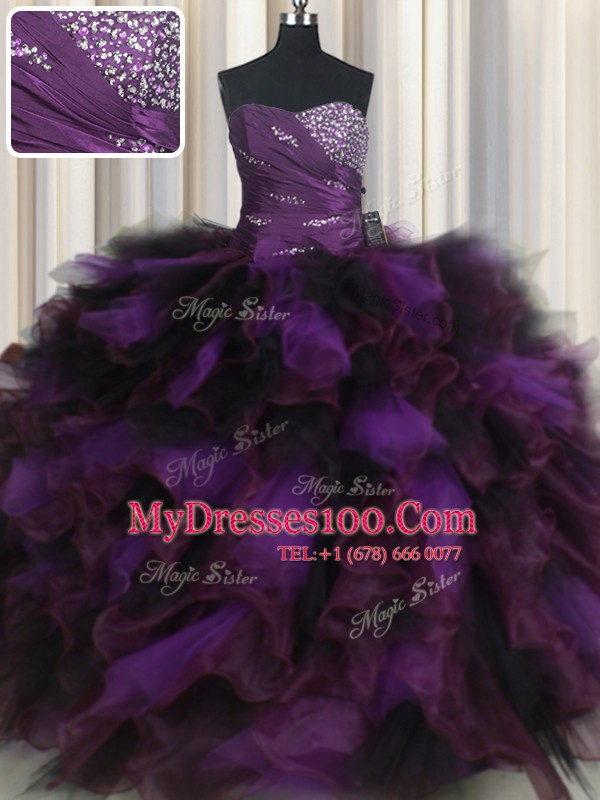New Style Organza and Tulle Sweetheart Sleeveless Lace Up Beading and Ruffles and Ruffled Layers Quinceanera Dress in Purple