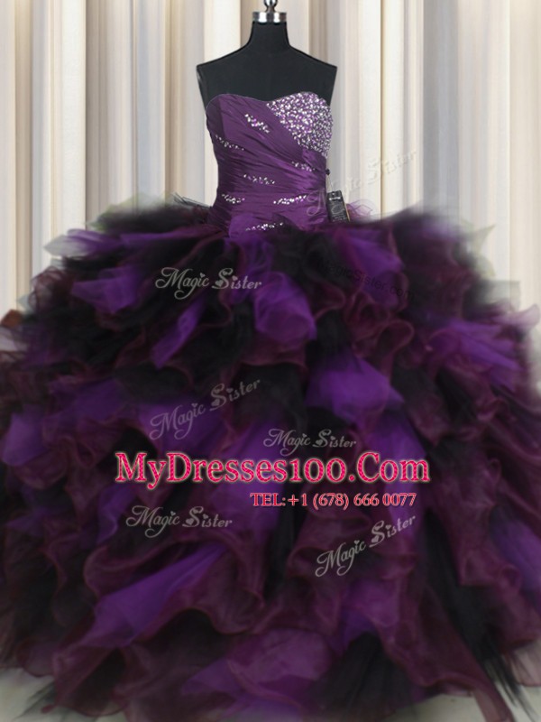 New Style Organza and Tulle Sweetheart Sleeveless Lace Up Beading and Ruffles and Ruffled Layers Quinceanera Dress in Purple