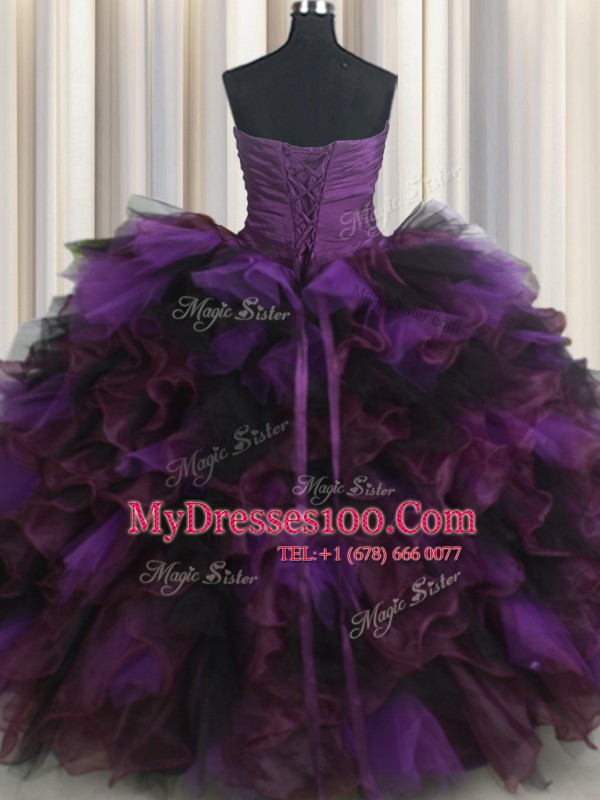 New Style Organza and Tulle Sweetheart Sleeveless Lace Up Beading and Ruffles and Ruffled Layers Quinceanera Dress in Purple