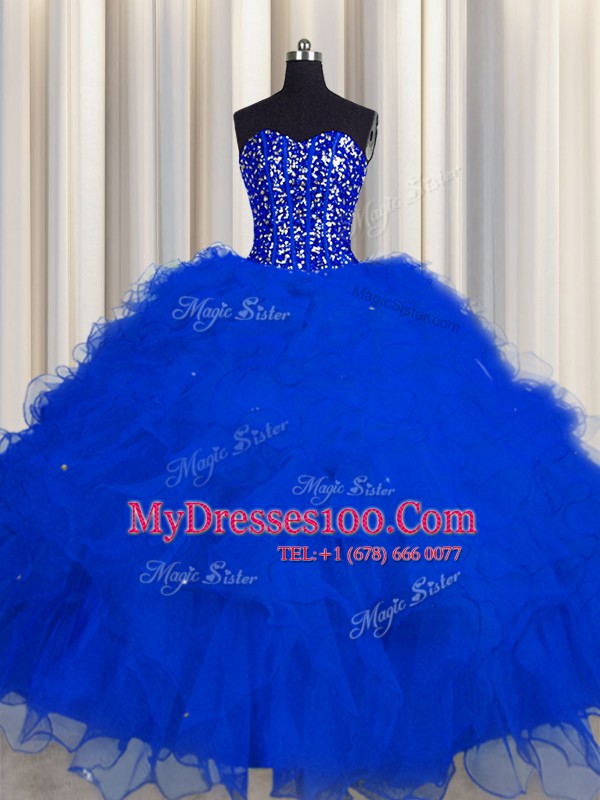 Vintage Visible Boning Tulle Sleeveless Floor Length 15 Quinceanera Dress and Beading and Ruffles and Sequins