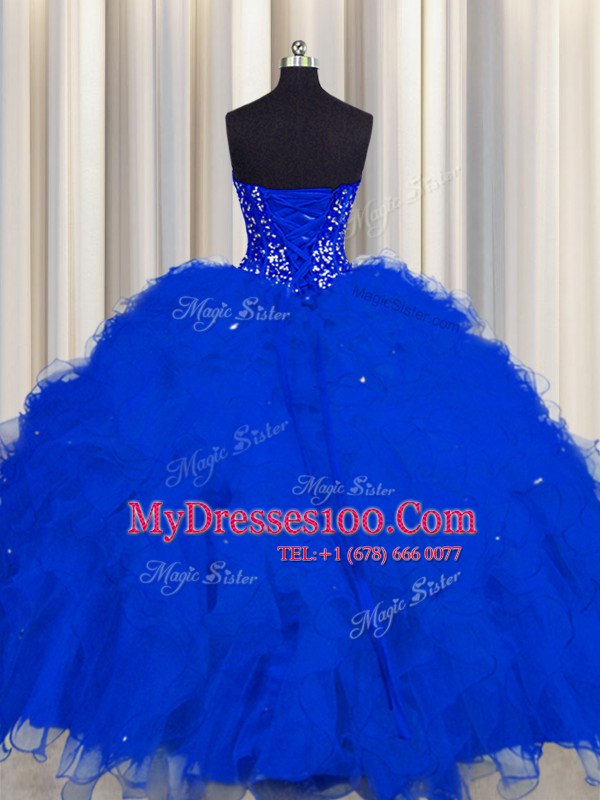 Vintage Visible Boning Tulle Sleeveless Floor Length 15 Quinceanera Dress and Beading and Ruffles and Sequins