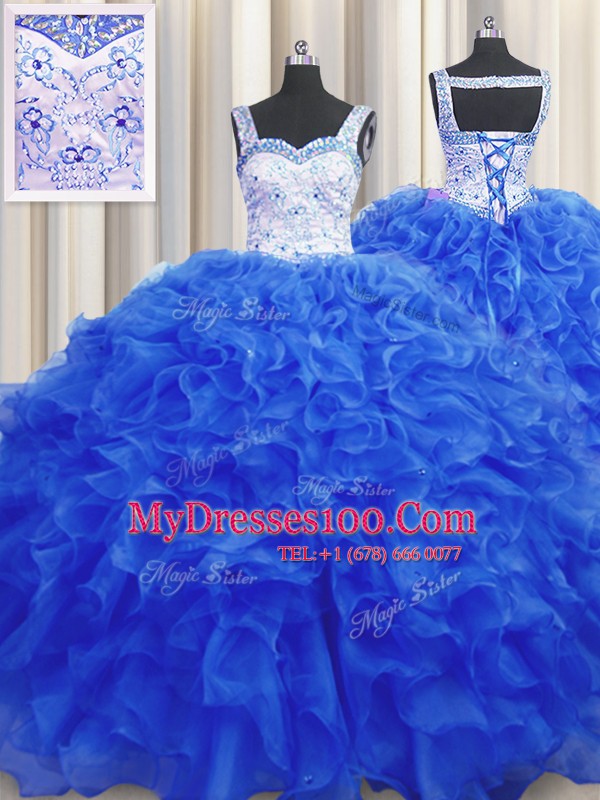 Royal Blue Sleeveless Organza Lace Up Quince Ball Gowns for Military Ball and Sweet 16 and Quinceanera