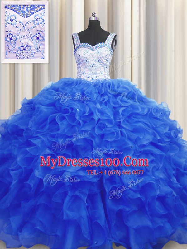 Royal Blue Sleeveless Organza Lace Up Quince Ball Gowns for Military Ball and Sweet 16 and Quinceanera