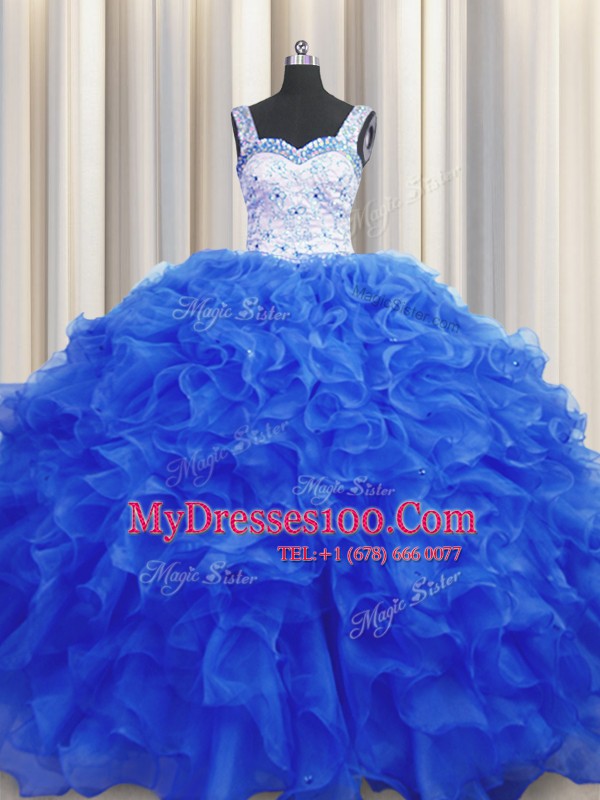 Royal Blue Sleeveless Organza Lace Up Quince Ball Gowns for Military Ball and Sweet 16 and Quinceanera