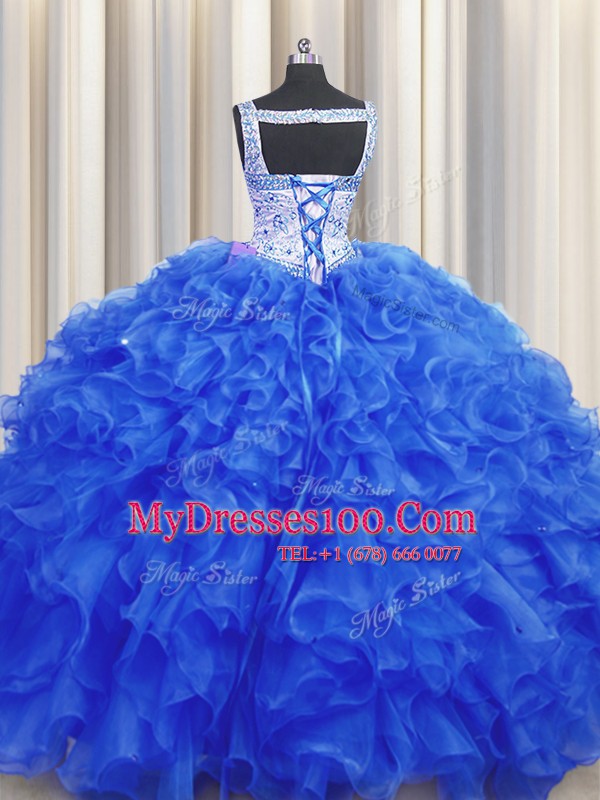 Royal Blue Sleeveless Organza Lace Up Quince Ball Gowns for Military Ball and Sweet 16 and Quinceanera