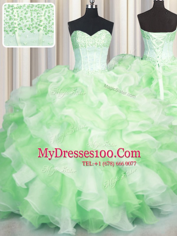 Romantic Visible Boning Two Tone Multi-color Ball Gowns Organza Sweetheart Sleeveless Beading and Ruffles Floor Length Lace Up Sweet 16 Dress