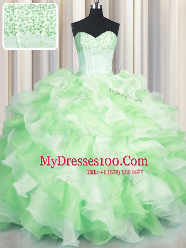 Romantic Visible Boning Two Tone Multi-color Ball Gowns Organza Sweetheart Sleeveless Beading and Ruffles Floor Length Lace Up Sweet 16 Dress