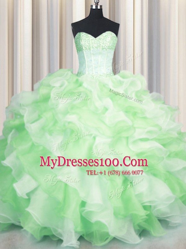 Romantic Visible Boning Two Tone Multi-color Ball Gowns Organza Sweetheart Sleeveless Beading and Ruffles Floor Length Lace Up Sweet 16 Dress