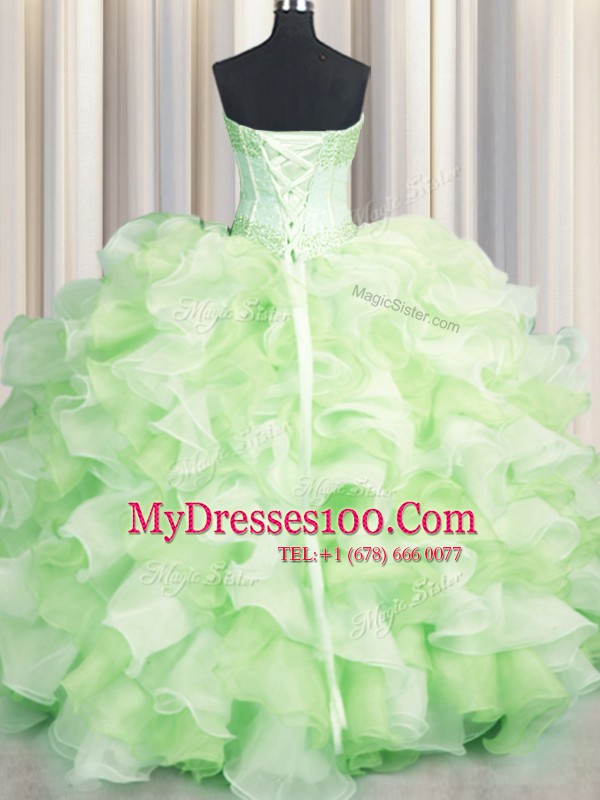 Romantic Visible Boning Two Tone Multi-color Ball Gowns Organza Sweetheart Sleeveless Beading and Ruffles Floor Length Lace Up Sweet 16 Dress
