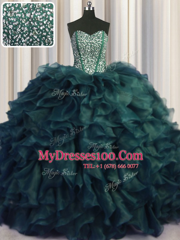 Visible Boning Bling-bling Sleeveless Brush Train Lace Up With Train Beading and Ruffles Sweet 16 Dresses