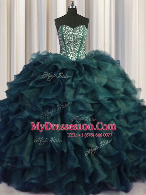 Visible Boning Bling-bling Sleeveless Brush Train Lace Up With Train Beading and Ruffles Sweet 16 Dresses