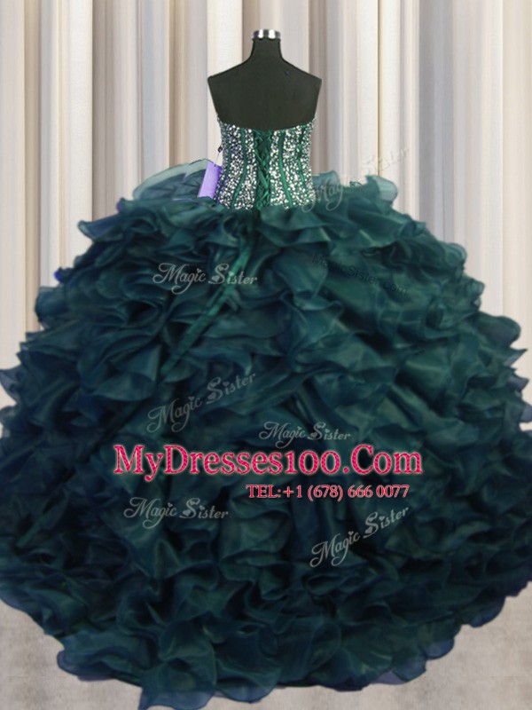 Visible Boning Bling-bling Sleeveless Brush Train Lace Up With Train Beading and Ruffles Sweet 16 Dresses