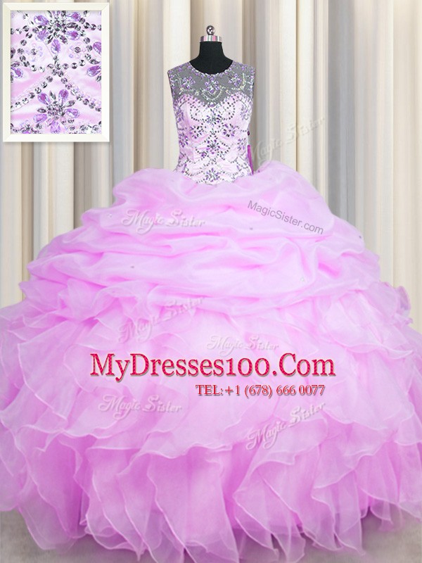 High Class See Through Lilac Vestidos de Quinceanera Military Ball and Sweet 16 and Quinceanera and For with Beading and Ruffles and Pick Ups Scoop Sleeveless Lace Up