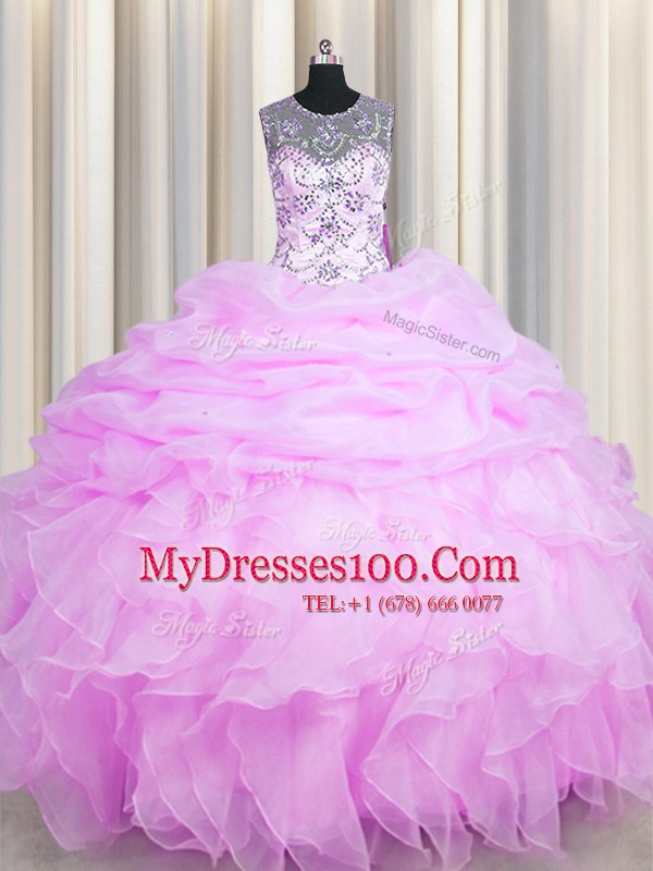 High Class See Through Lilac Vestidos de Quinceanera Military Ball and Sweet 16 and Quinceanera and For with Beading and Ruffles and Pick Ups Scoop Sleeveless Lace Up