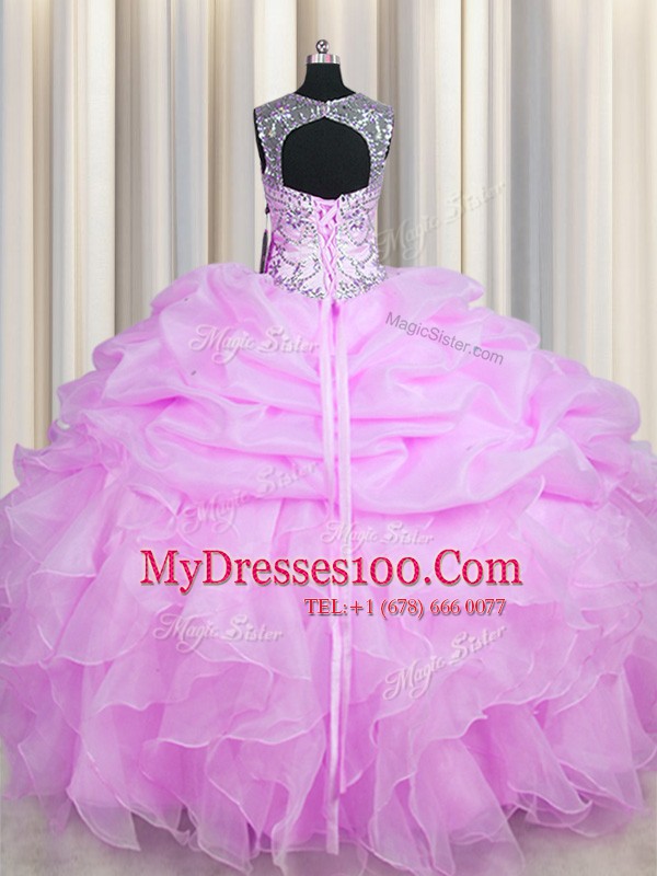 High Class See Through Lilac Vestidos de Quinceanera Military Ball and Sweet 16 and Quinceanera and For with Beading and Ruffles and Pick Ups Scoop Sleeveless Lace Up