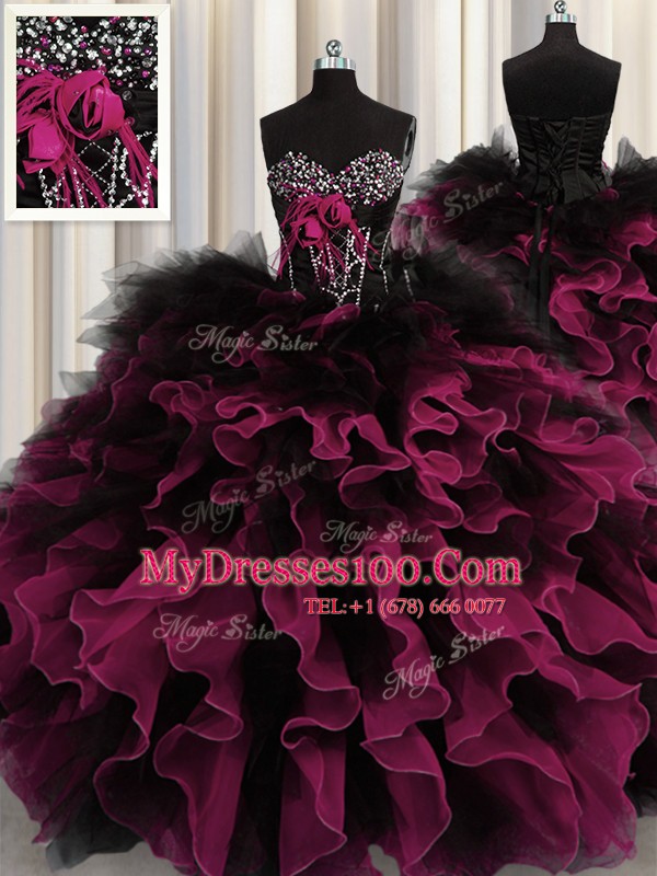 Gorgeous Red And Black Organza and Tulle Lace Up 15 Quinceanera Dress Sleeveless Floor Length Beading and Ruffles