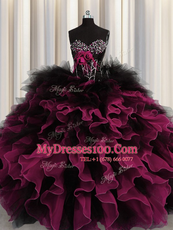 Gorgeous Red And Black Organza and Tulle Lace Up 15 Quinceanera Dress Sleeveless Floor Length Beading and Ruffles