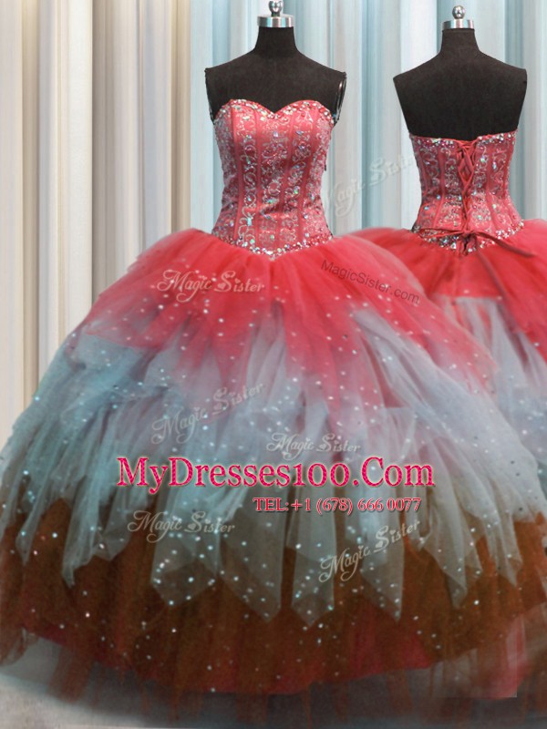 Visible Boning Sleeveless Lace Up Floor Length Beading and Ruffles and Sequins Sweet 16 Dresses