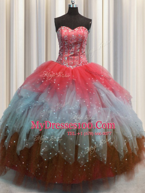 Visible Boning Sleeveless Lace Up Floor Length Beading and Ruffles and Sequins Sweet 16 Dresses