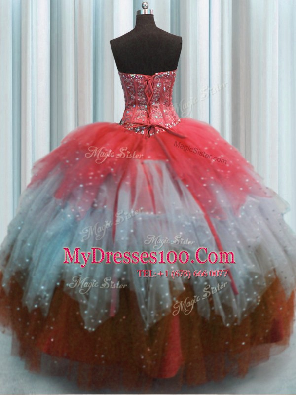 Visible Boning Sleeveless Lace Up Floor Length Beading and Ruffles and Sequins Sweet 16 Dresses