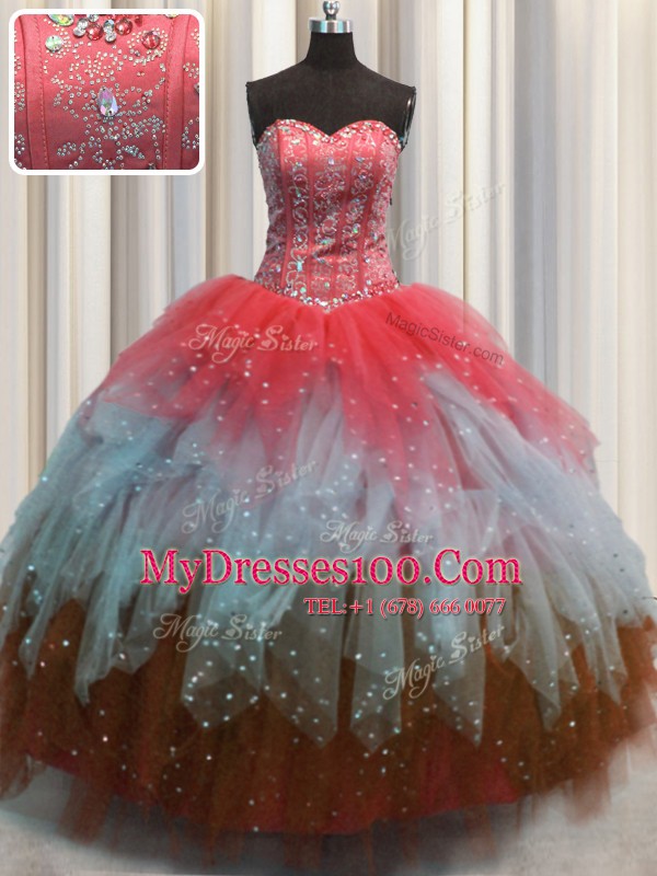 Visible Boning Sleeveless Lace Up Floor Length Beading and Ruffles and Sequins Sweet 16 Dresses