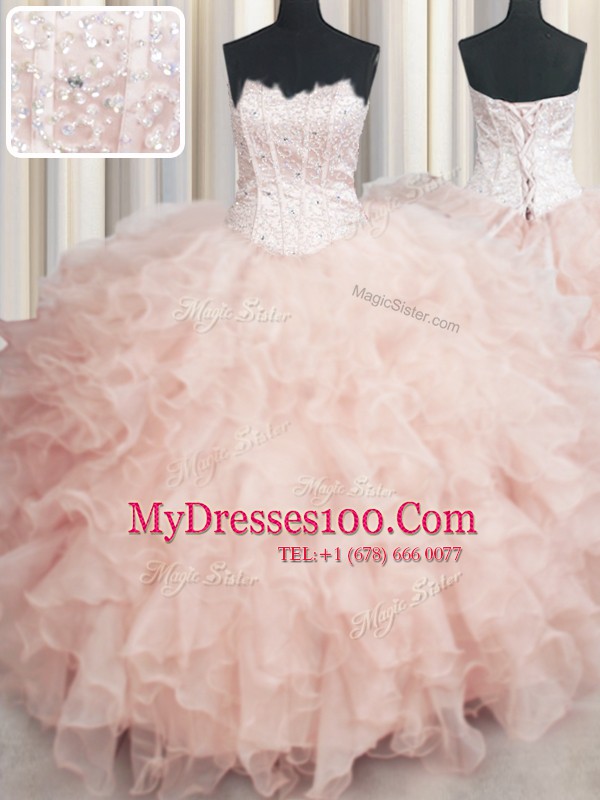 Free and Easy Visible Boning Scalloped Peach Lace Up Quinceanera Gown Beading and Ruffles Sleeveless Floor Length
