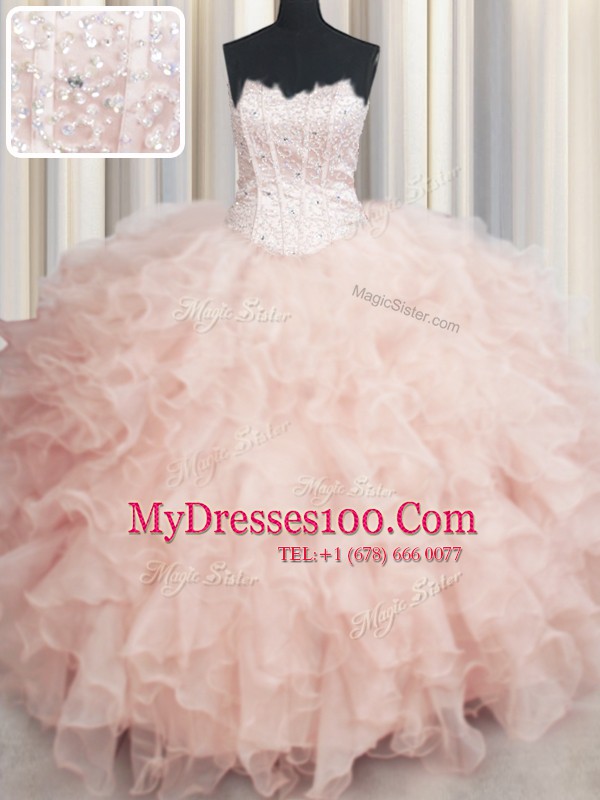 Free and Easy Visible Boning Scalloped Peach Lace Up Quinceanera Gown Beading and Ruffles Sleeveless Floor Length