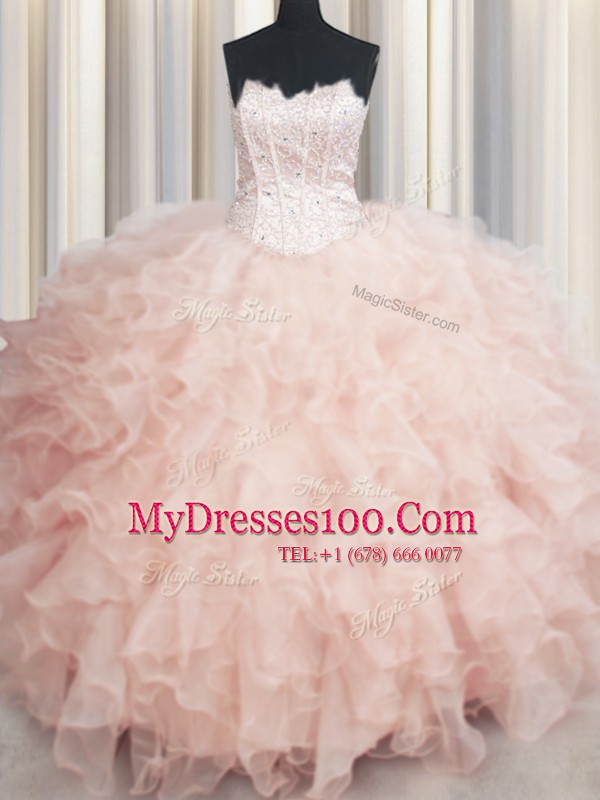 Free and Easy Visible Boning Scalloped Peach Lace Up Quinceanera Gown Beading and Ruffles Sleeveless Floor Length