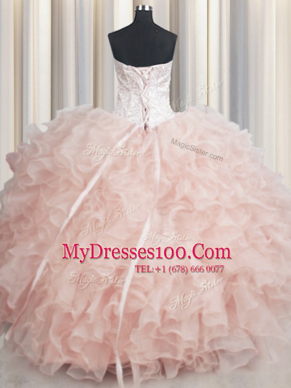Free and Easy Visible Boning Scalloped Peach Lace Up Quinceanera Gown Beading and Ruffles Sleeveless Floor Length