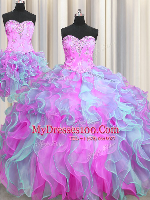 Three Piece Multi-color Sleeveless Organza Lace Up Quinceanera Dress for Military Ball and Sweet 16 and Quinceanera