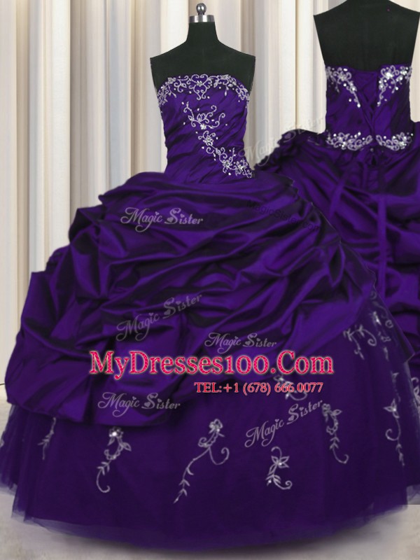 Best Selling Purple Lace Up Strapless Beading and Embroidery and Pick Ups 15th Birthday Dress Taffeta Sleeveless