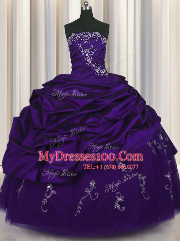 Best Selling Purple Lace Up Strapless Beading and Embroidery and Pick Ups 15th Birthday Dress Taffeta Sleeveless