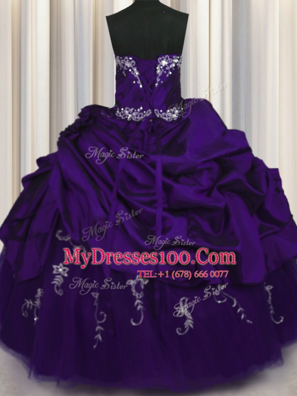 Best Selling Purple Lace Up Strapless Beading and Embroidery and Pick Ups 15th Birthday Dress Taffeta Sleeveless
