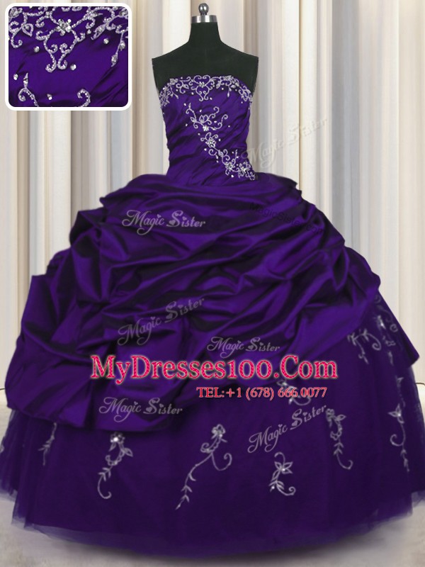 Best Selling Purple Lace Up Strapless Beading and Embroidery and Pick Ups 15th Birthday Dress Taffeta Sleeveless