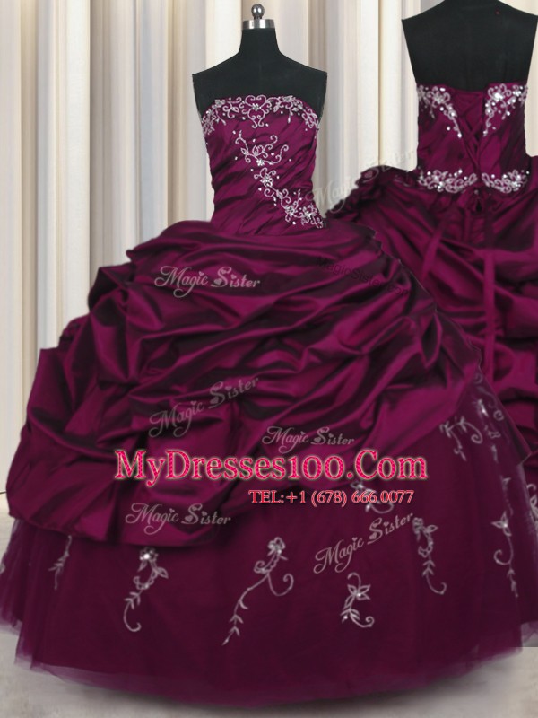Custom Design Pick Ups Strapless Sleeveless Lace Up Sweet 16 Dress Purple Taffeta