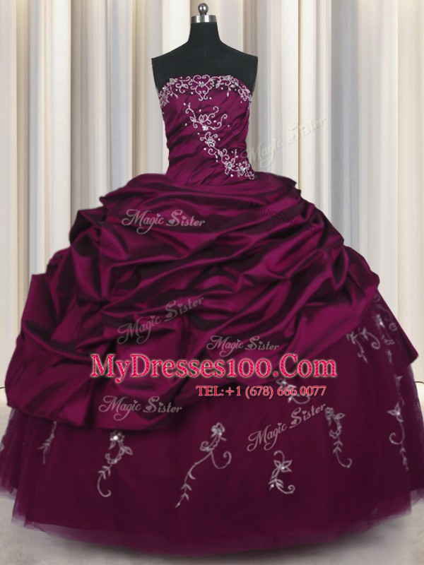 Custom Design Pick Ups Strapless Sleeveless Lace Up Sweet 16 Dress Purple Taffeta